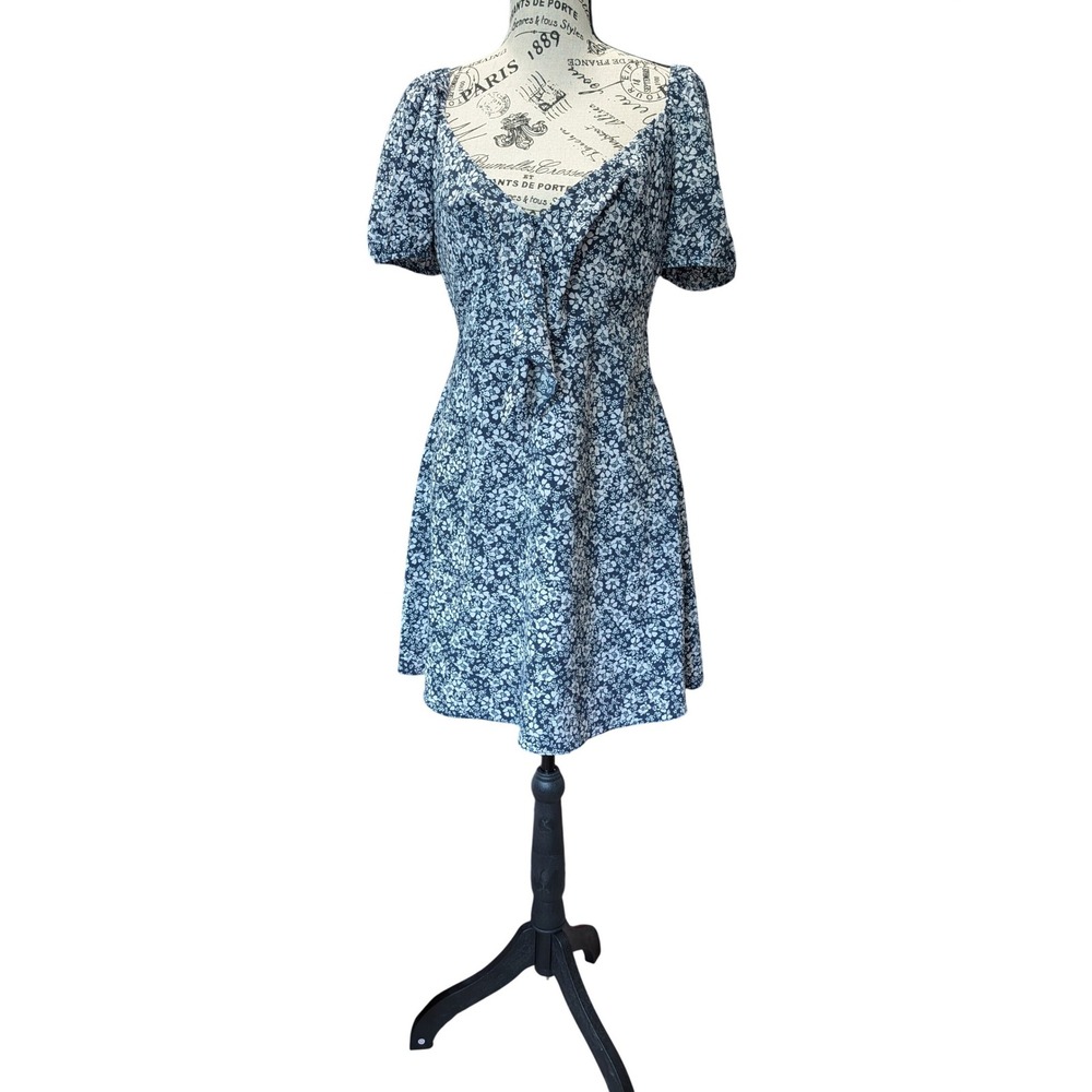 Gianni Bini Womens Navy Blue White Floral‎ Puff Sleeve Smocked Mini Dress Size 6